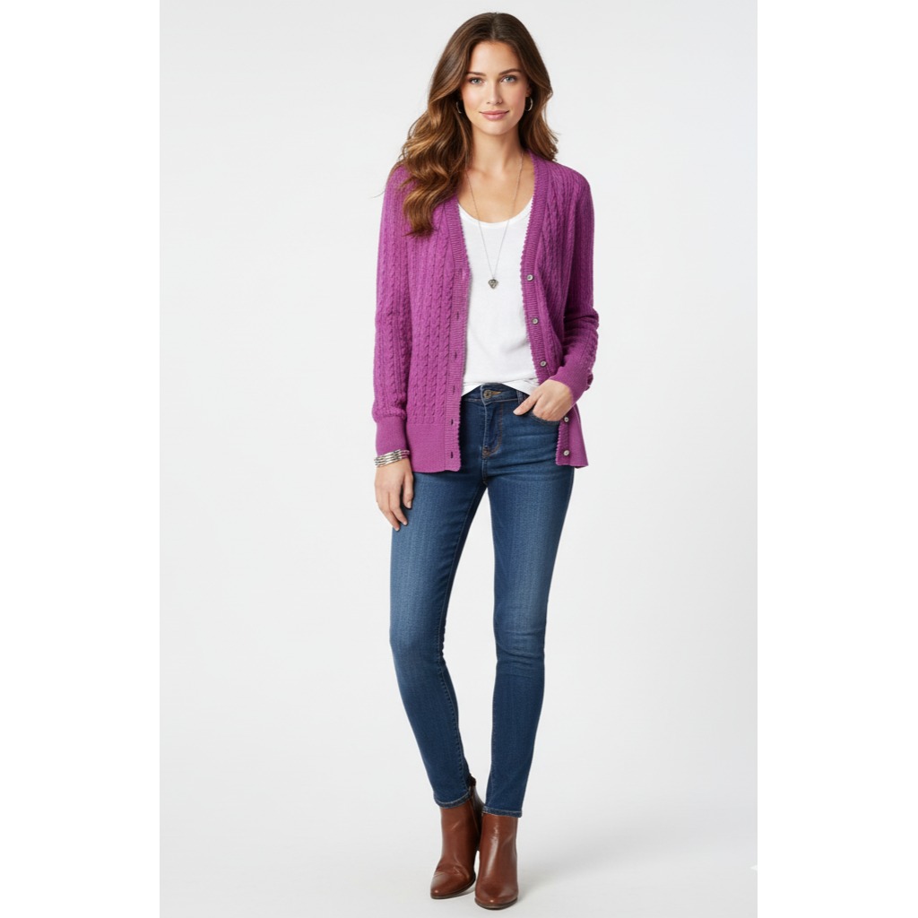 Eddie Bauer Cable Knit Cardigan Women L Purple Ribbed Fisherman Sweater Y2k